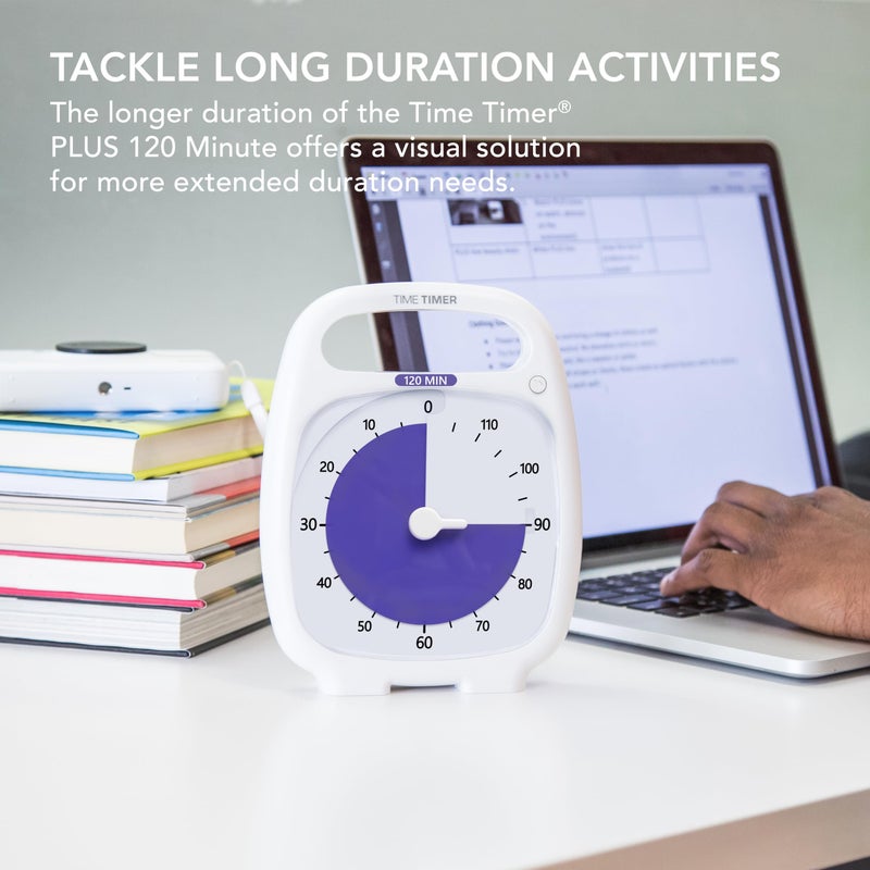TIME TIMER PLUS 120 Minute Desk Visual Timer Countdown Timer with Portable Handle for Classroom, Office, Homeschooling, Study Tool, with Silent Operation (White) - Image 2